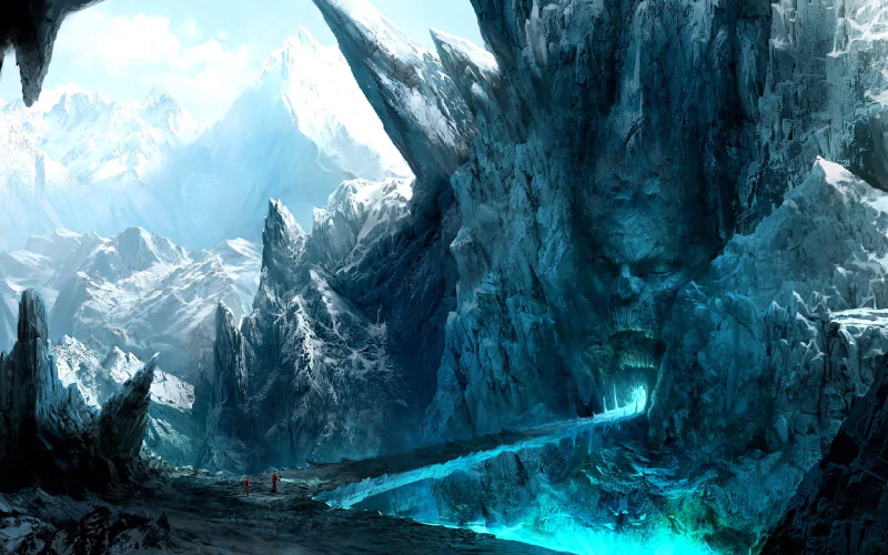 A glowing blue entrance set within an enormous jagged cave, surrounded by towering icy fantasy mountains under a cloudy sky.