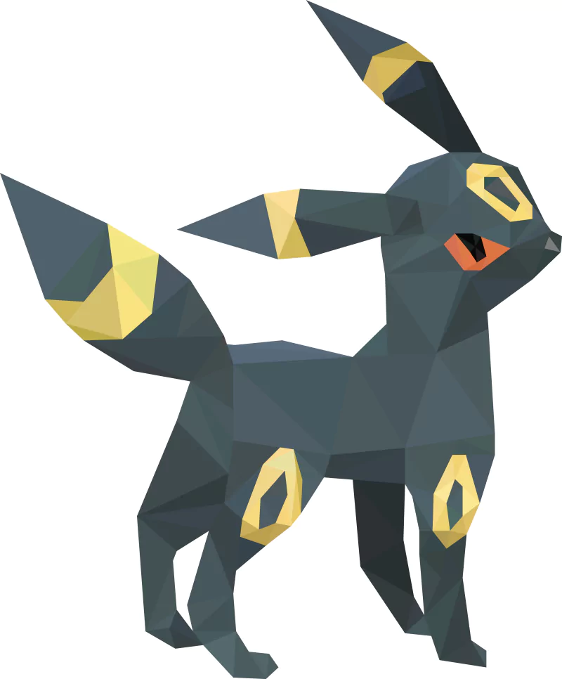 Low poly polygonal model of Umbreon, a Pokémon from the video game series, featuring its distinct dark body and yellow ring markings.