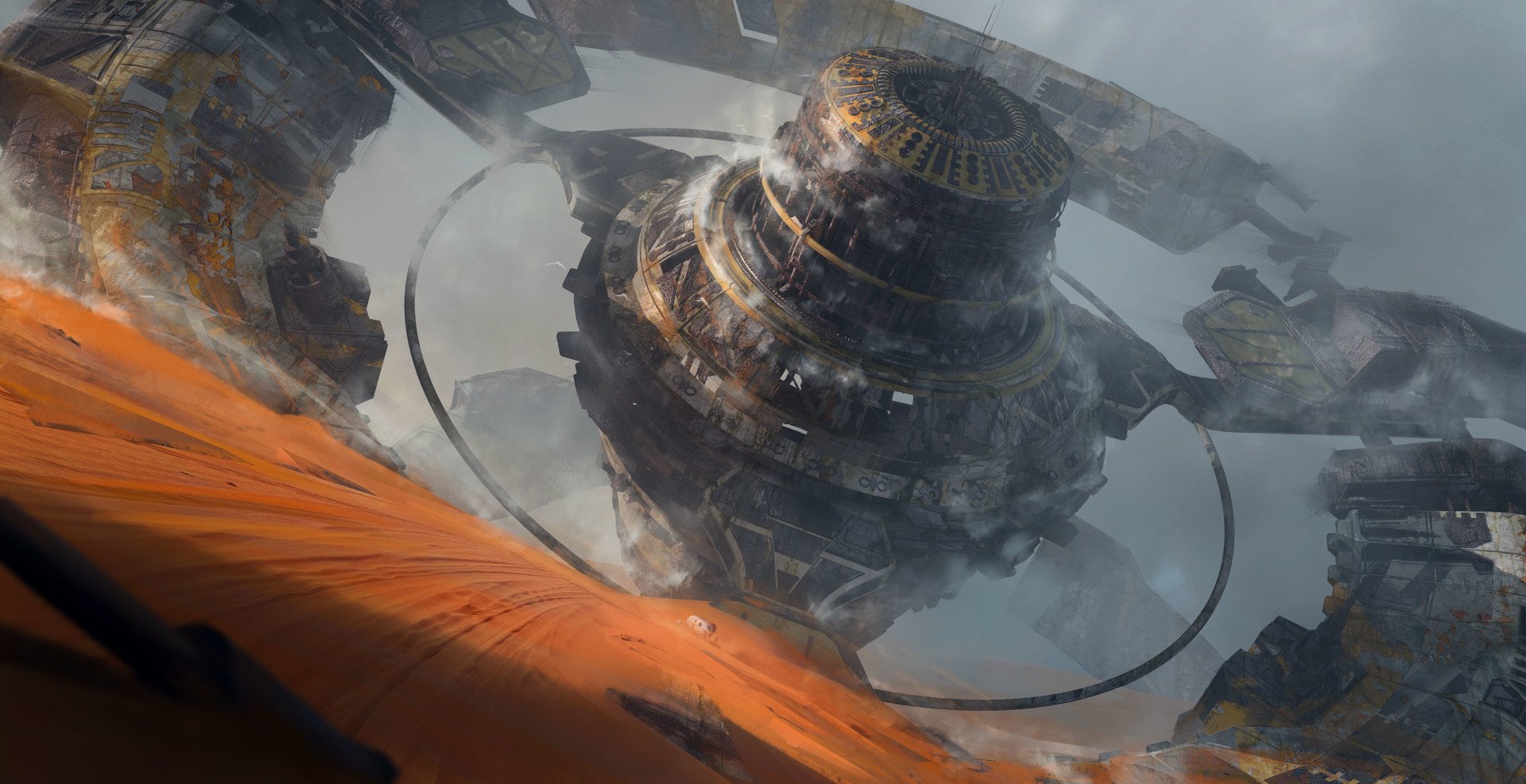 Sci-fi city: a colossal ringed futuristic city hub of advanced technology hovering above rust-orange desert dunes.