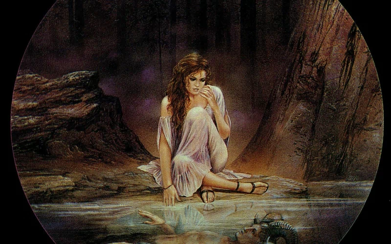 A fantasy scene depicts a woman in a flowing dress, thoughtfully seated by a shimmering pool surrounded by dark, shadowy trees, evoking a mystical, demon-infused atmosphere.