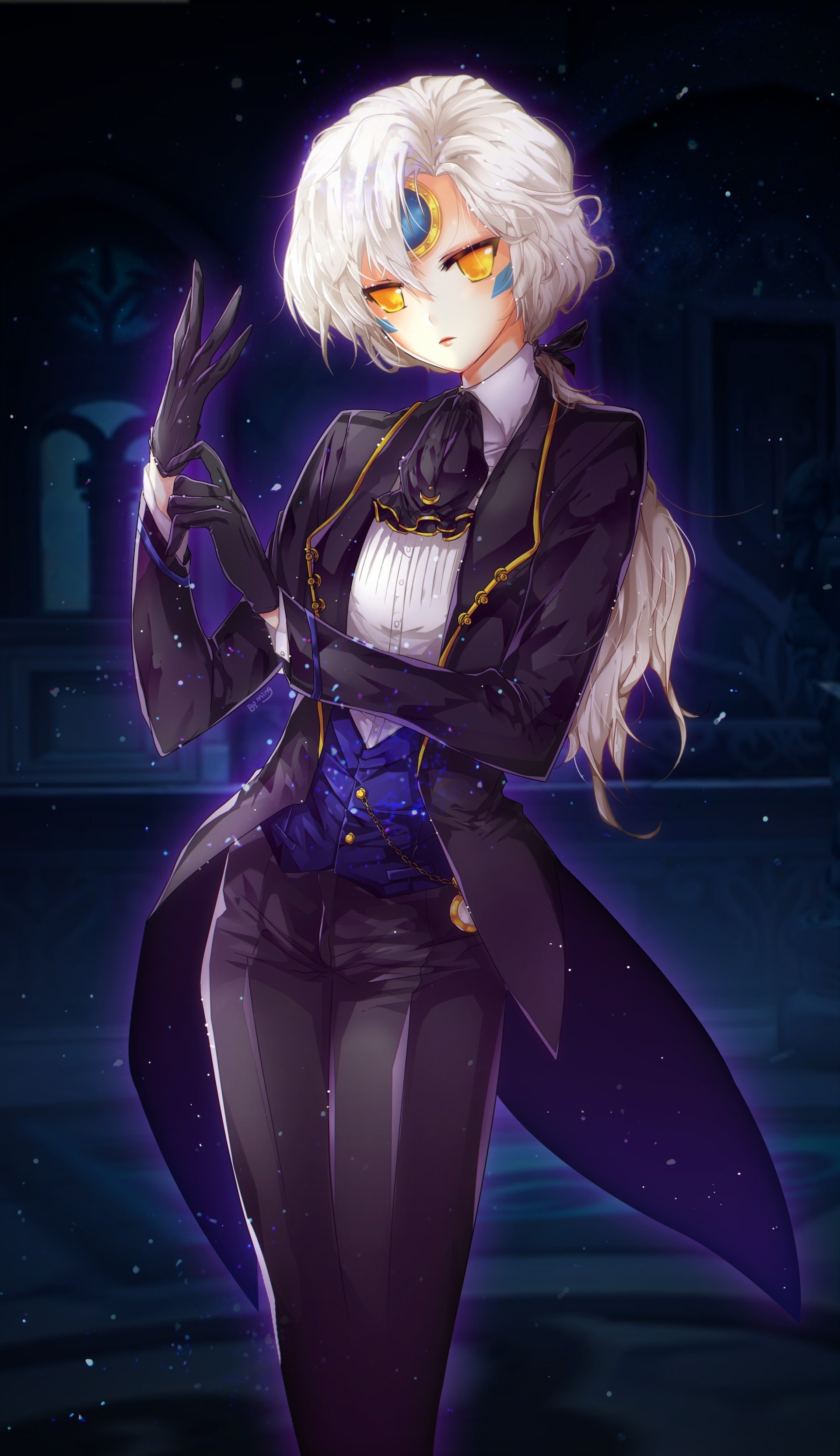 Eve from the video game Elsword: long white hair and golden eyes, crescent forehead gem, dressed in a dark tailored suit and gloves, standing in a moonlit gothic hall.