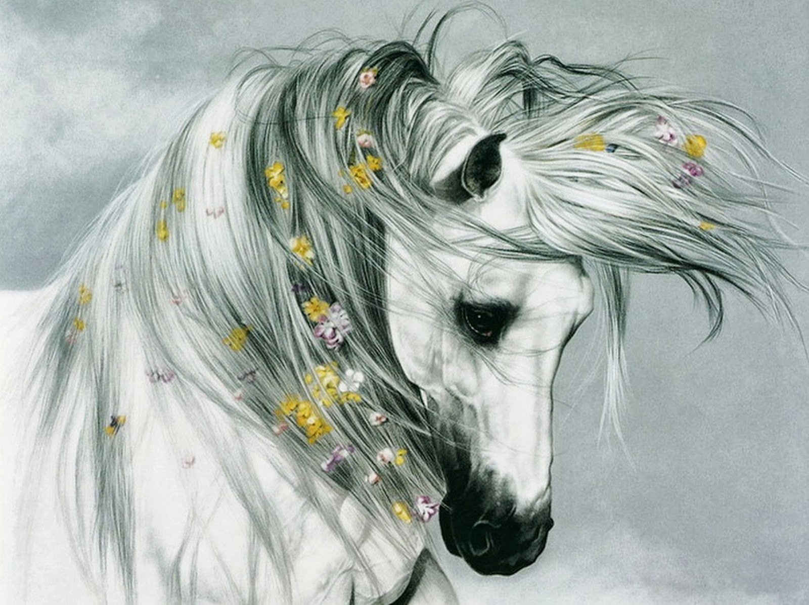 A detailed artistic drawing of a white horse with flowing mane adorned with small yellow and pink flowers.