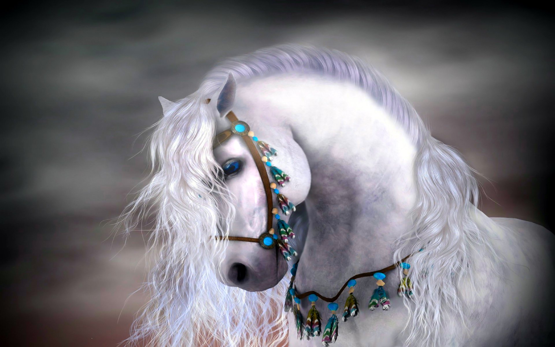 A majestic white horse with flowing mane and ornate blue accessories stands against a mystical background, embodying a captivating fantasy atmosphere.