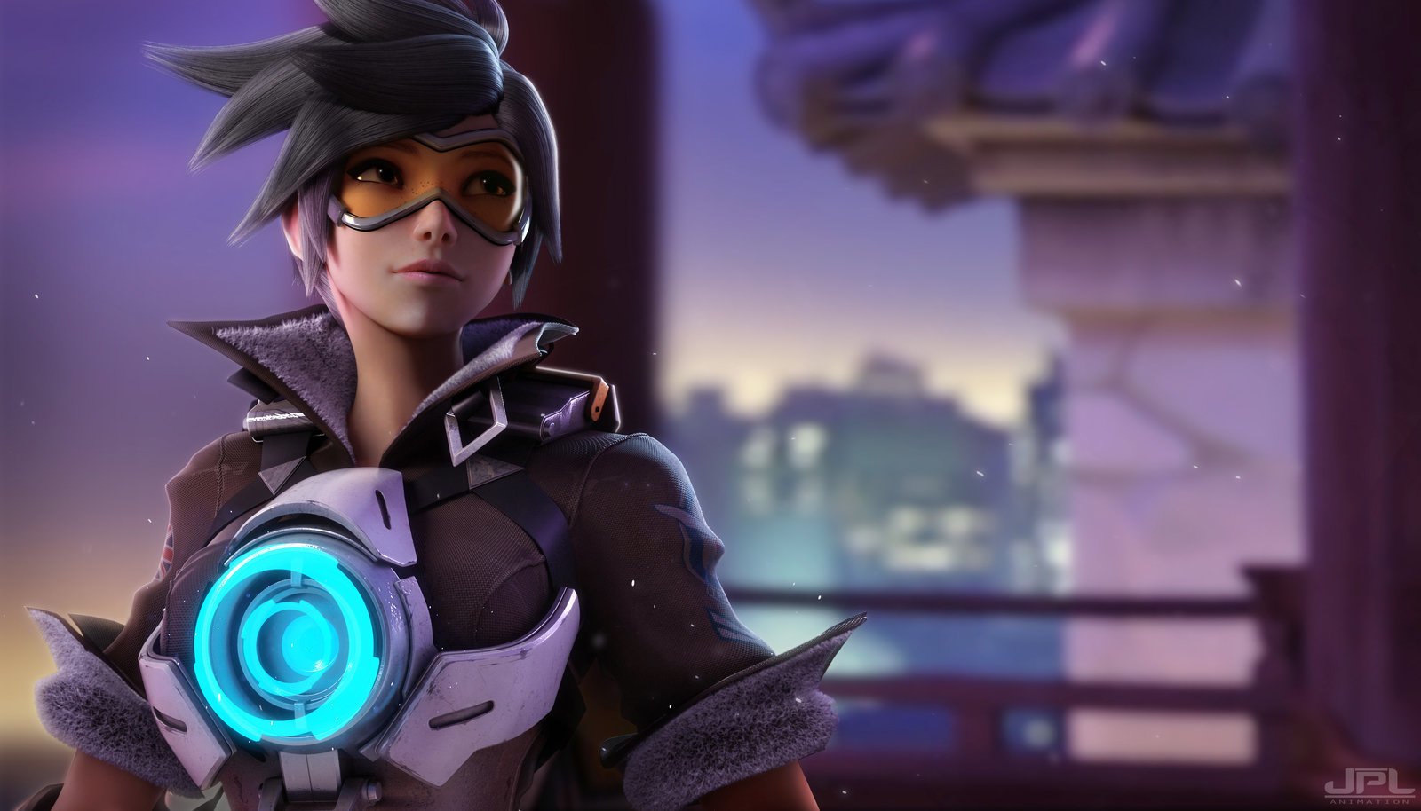 Tracer from Overwatch stands confidently in a futuristic setting, showcasing her signature goggles and time-manipulating device, embodying the fast-paced spirit of the video game.
