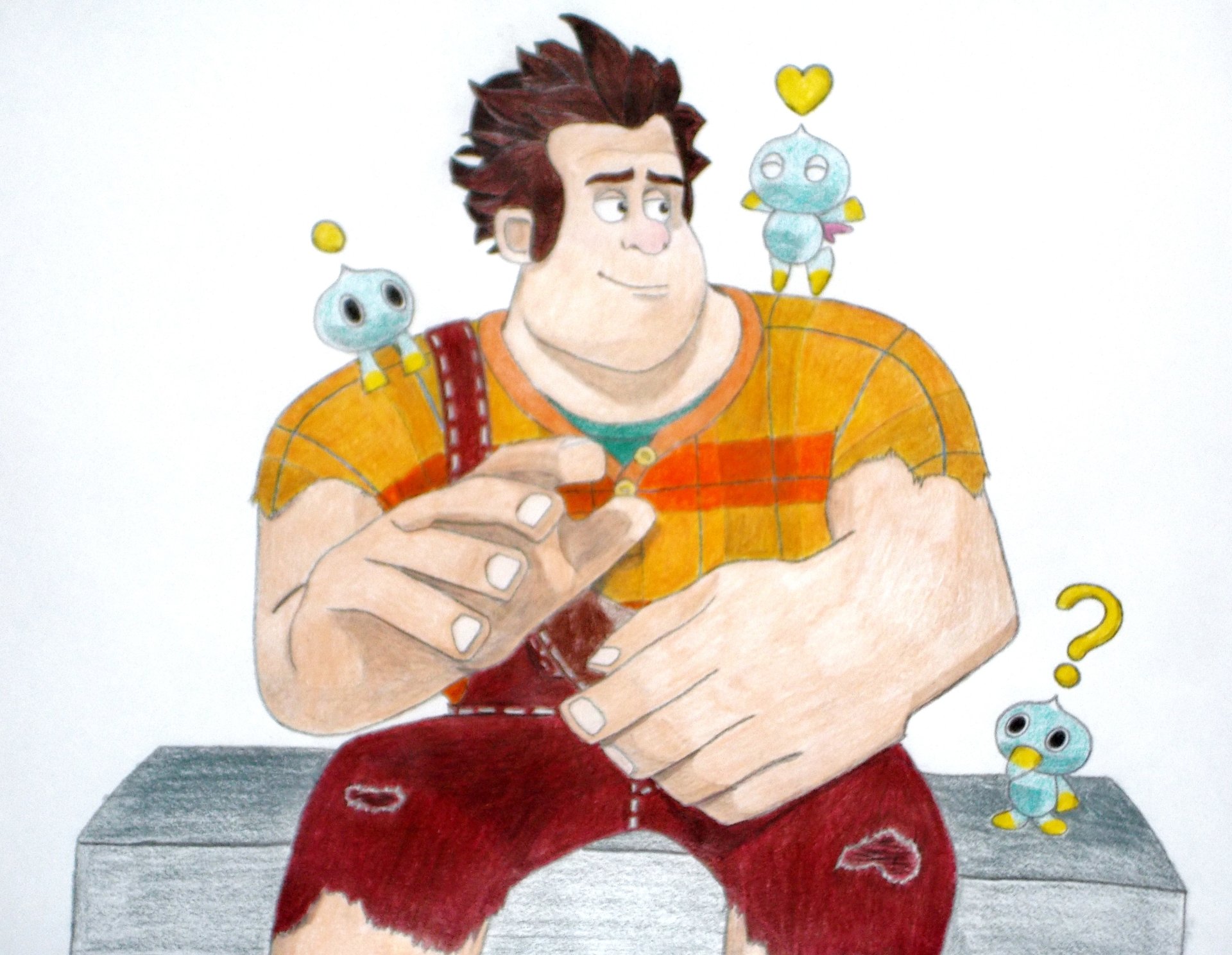 A colorful collage features Wreck-It Ralph interacting with playful Chao characters from the Sonic franchise, capturing a whimsical crossover between iconic video game worlds.