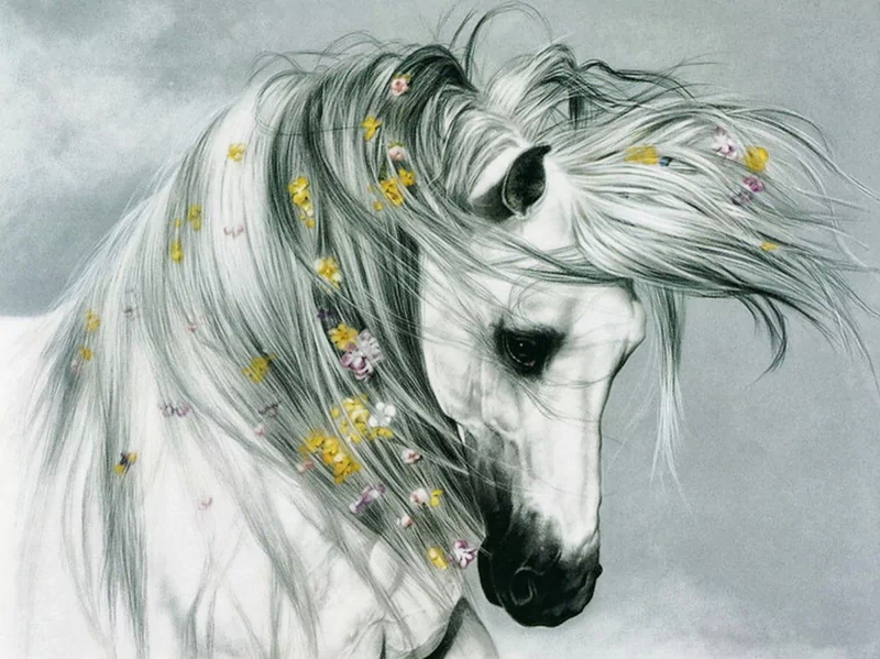 A detailed artistic drawing of a white horse with flowing mane adorned with small yellow and pink flowers.