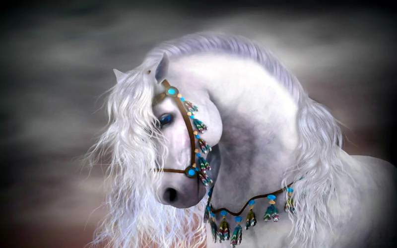 A majestic white horse with flowing mane and ornate blue accessories stands against a mystical background, embodying a captivating fantasy atmosphere.