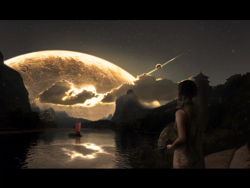 A serene fantasy scene showcases a woman gazing at a massive, glowing moon over tranquil waters, with an oriental landscape of mountains and a distant sailboat enriching the atmosphere.