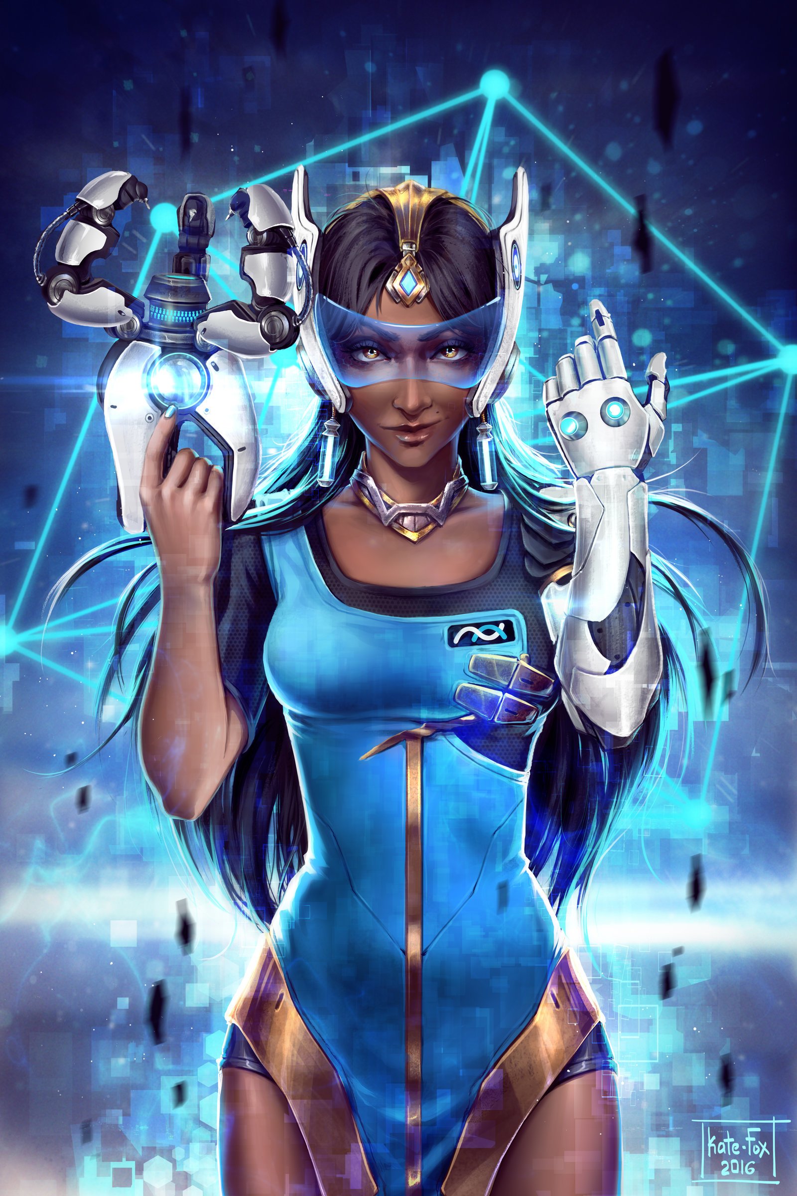 Symmetra (Overwatch), a video game hero, in a blue tech suit with visor down, glowing gauntlet and orb, projecting cyan geometric light constructs.