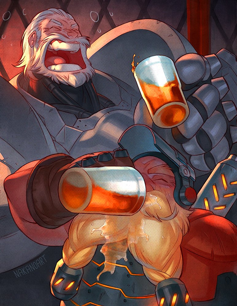 Reinhardt and Torbjörn from Overwatch share a cheerful moment, each holding a glass of beer, surrounded by a lively atmosphere indicative of their camaraderie in the video game.