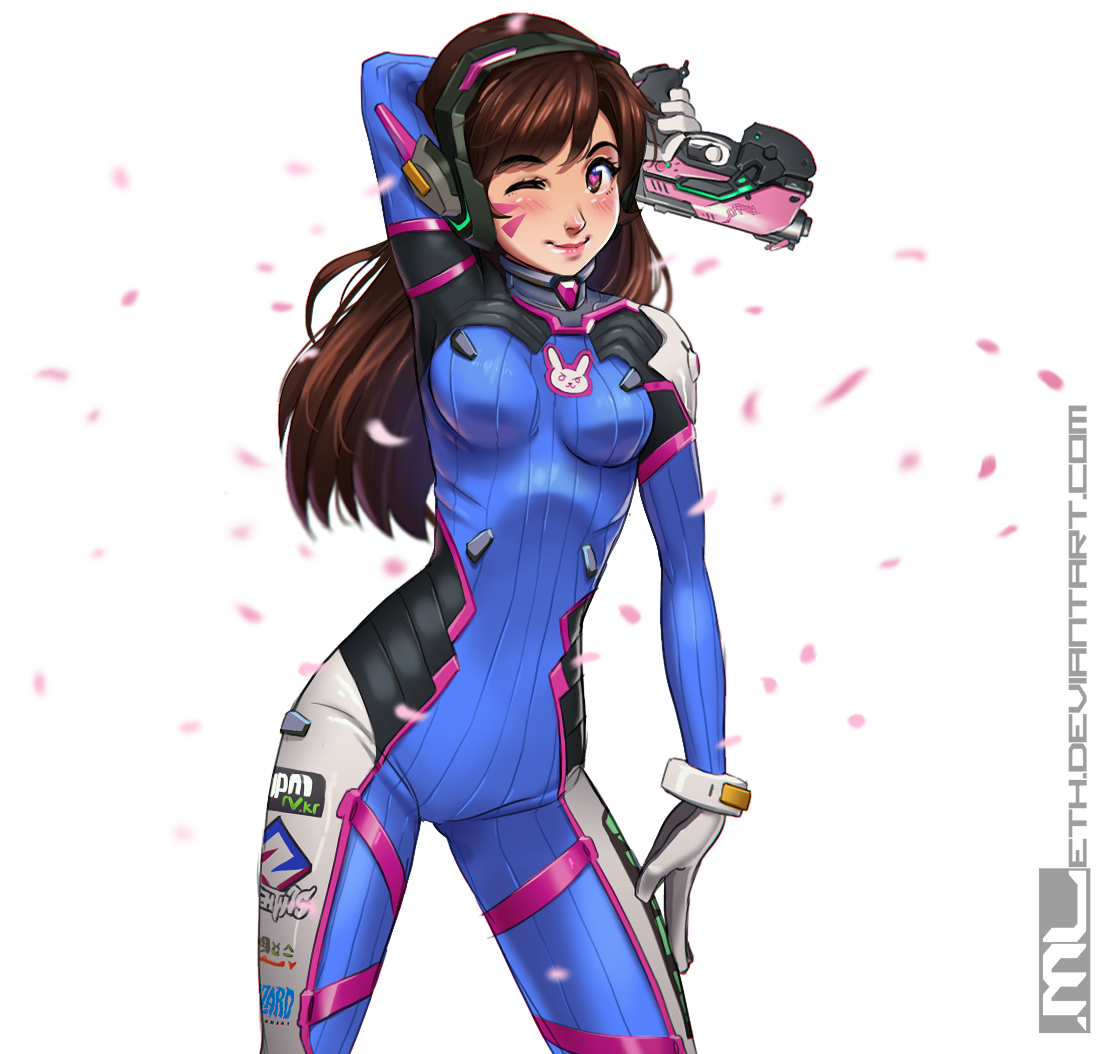 D.Va (Overwatch) video game character in her blue pilot suit winks, holding her headset with her mech helmet on her shoulder as cherry blossom petals drift around her.