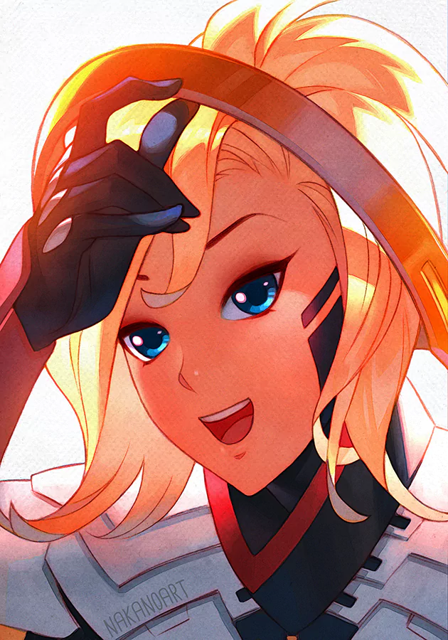 Anime-style close-up of Mercy (Overwatch) from the video game Overwatch, smiling as she lifts her golden halo; blond hair and bright blue eyes.