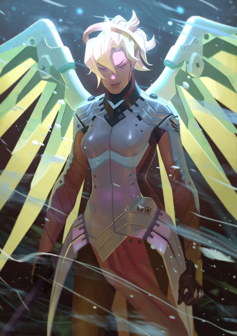 Mercy from the video game Overwatch is depicted with glowing eyes and mechanical wings, wearing futuristic armor in a dynamic, illuminated scene.