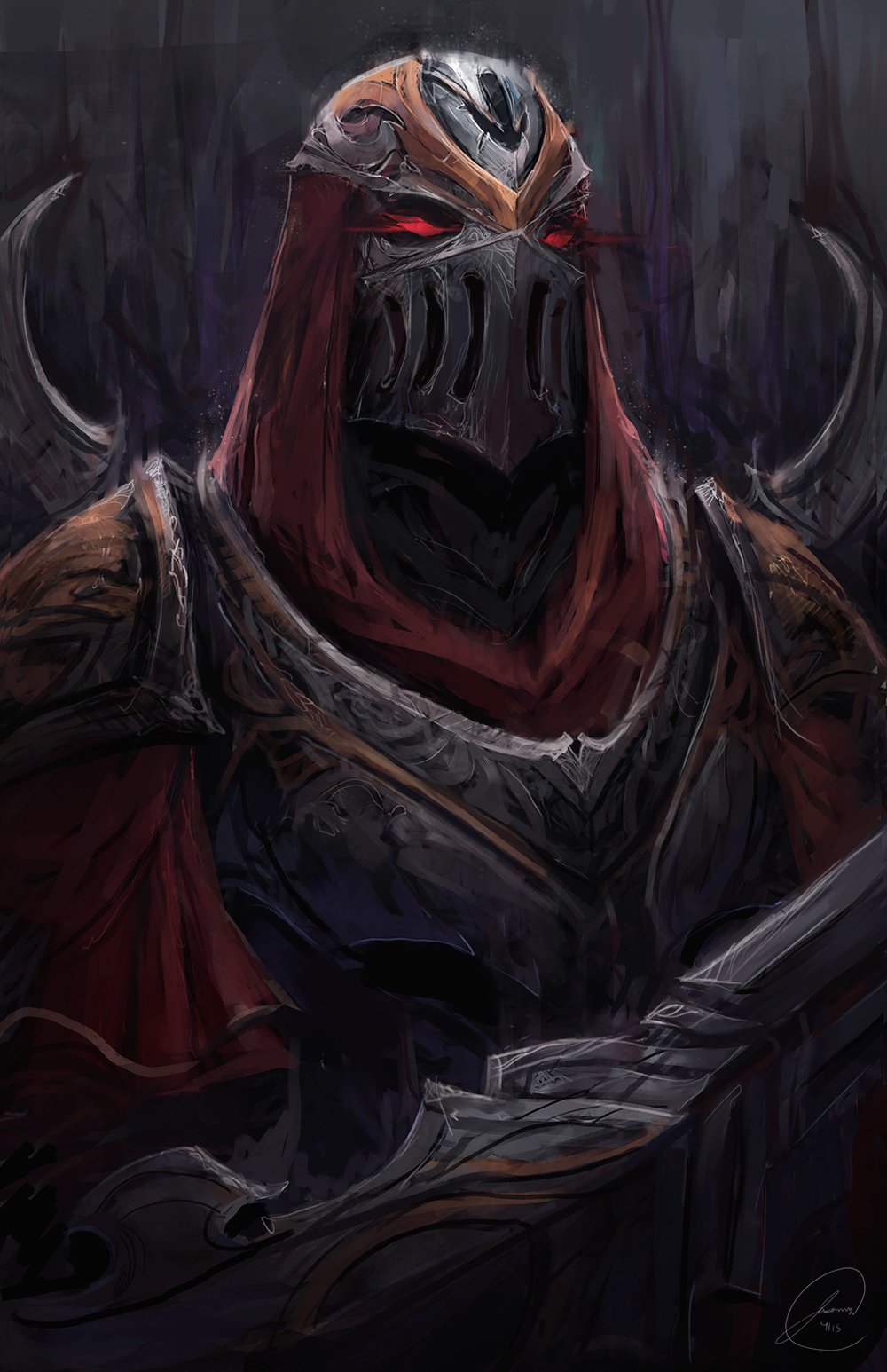 A menacing character from League of Legends, Zed stands cloaked in dark armor with glowing red eyes, wielding a weapon, embodying the essence of a stealthy assassin.