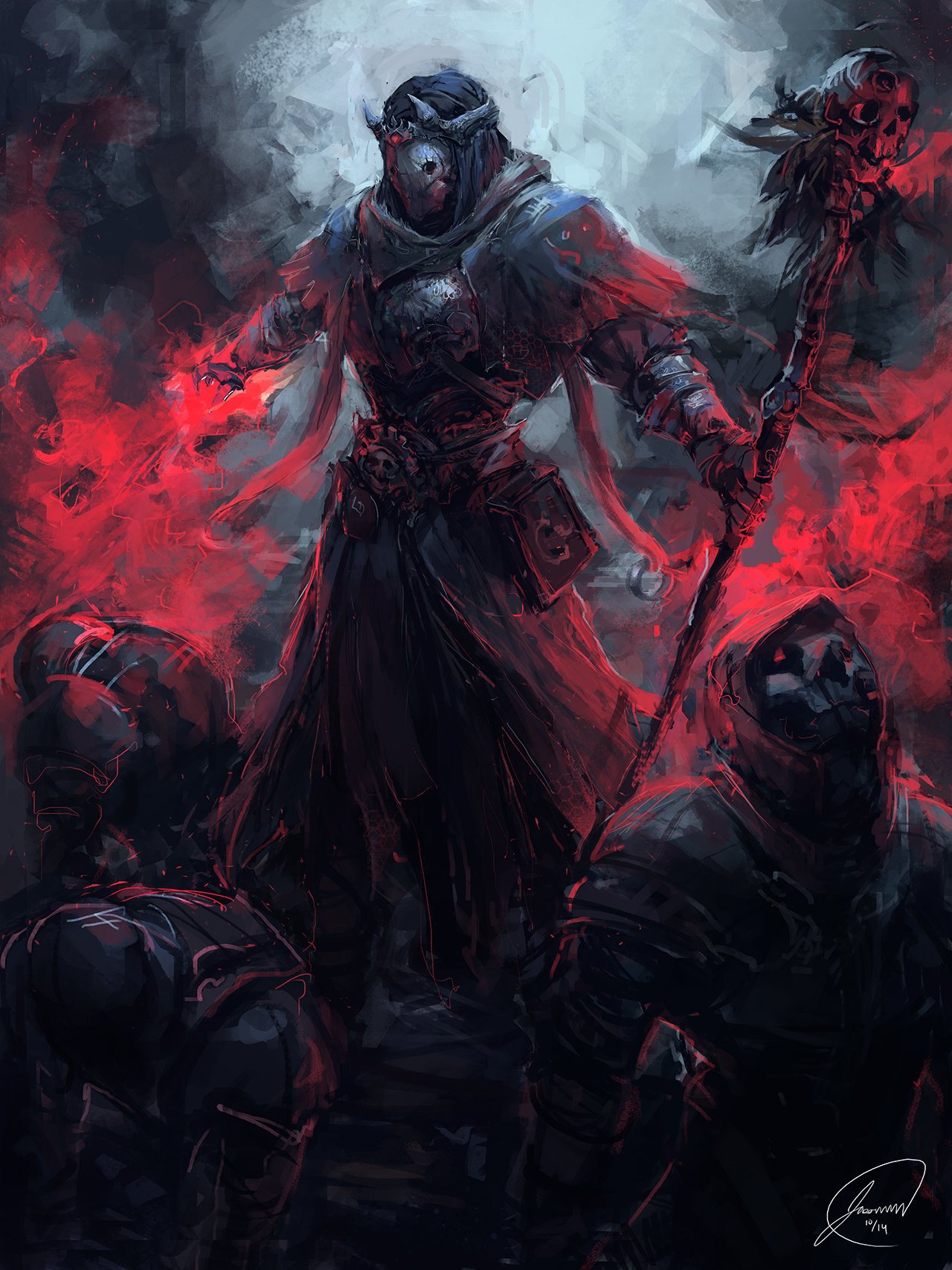 A dark undead necromancer sorcerer clad in armor wields a magic staff, surrounded by red glowing energy and kneeling figures in shadowy armor.