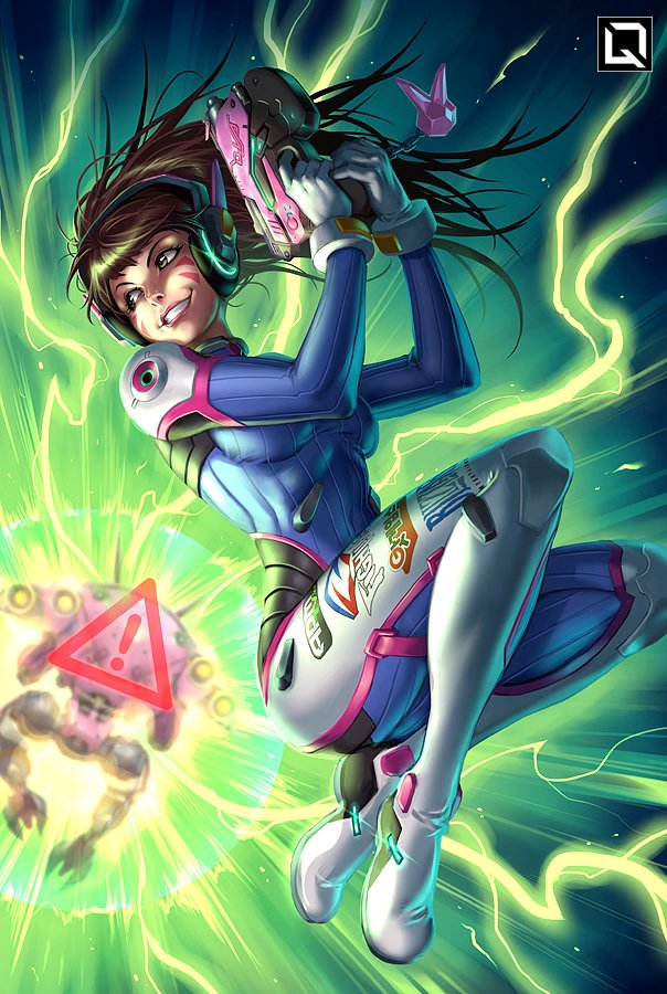 D.Va from Overwatch is mid-action, wielding her signature weapon with a dynamic pose. A vibrant explosion of green energy surrounds her, highlighting her energetic gameplay style.