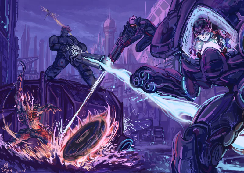 A dynamic scene featuring characters from Overwatch, including Zarya, Junkrat, Soldier: 76, and D.Va, engaged in an intense battle amidst a futuristic city backdrop.