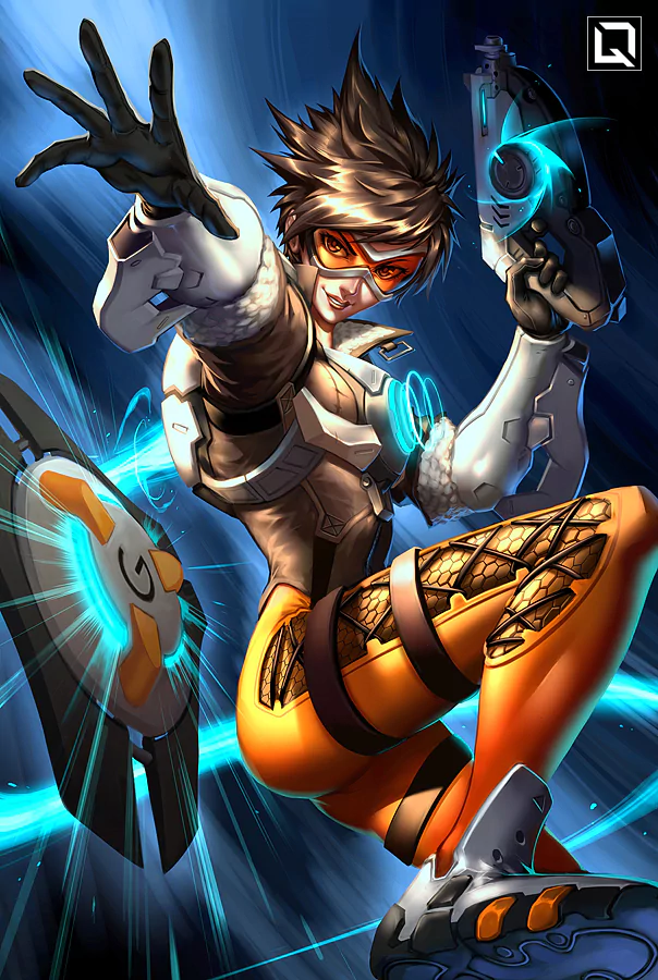 A dynamic illustration of Tracer from Overwatch, featuring her in an action pose with her dual pistols, highlighted by vibrant blue energy effects and her signature orange and white suit.