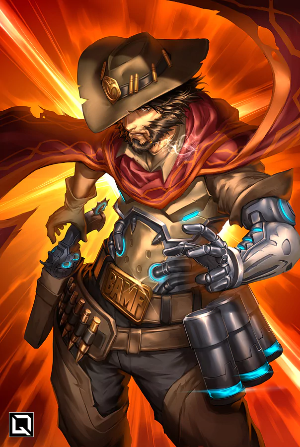 A dynamic illustration of McCree from Overwatch, featuring the character in his iconic cowboy attire, poised for action against a vibrant orange background.
