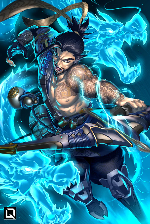 Hanzo from Overwatch showcases his martial prowess, wielding a bow amidst glowing blue dragon spirits, embodying the essence of this iconic video game character.