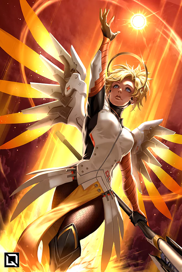 Mercy from Overwatch is depicted in an action pose, surrounded by golden light and wings, symbolizing her healing powers in the popular video game.