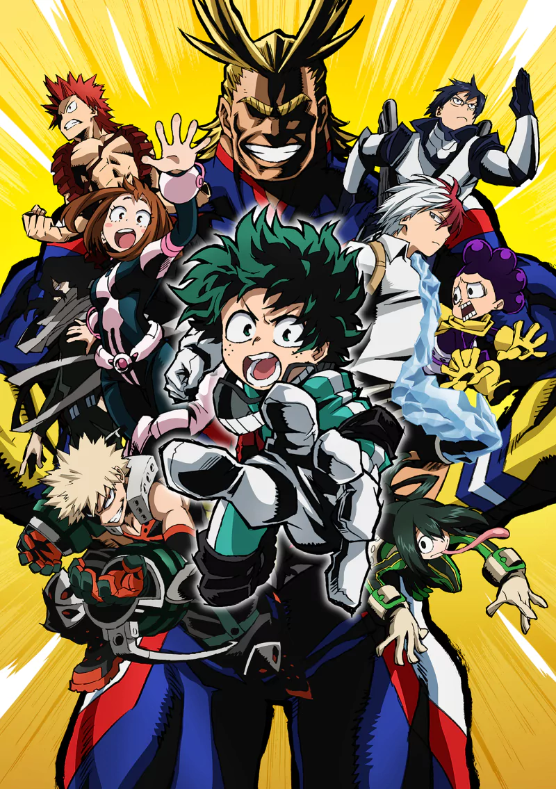A vibrant Anime image from My Hero Academia featuring multiple heroes in action poses against a dynamic yellow background.