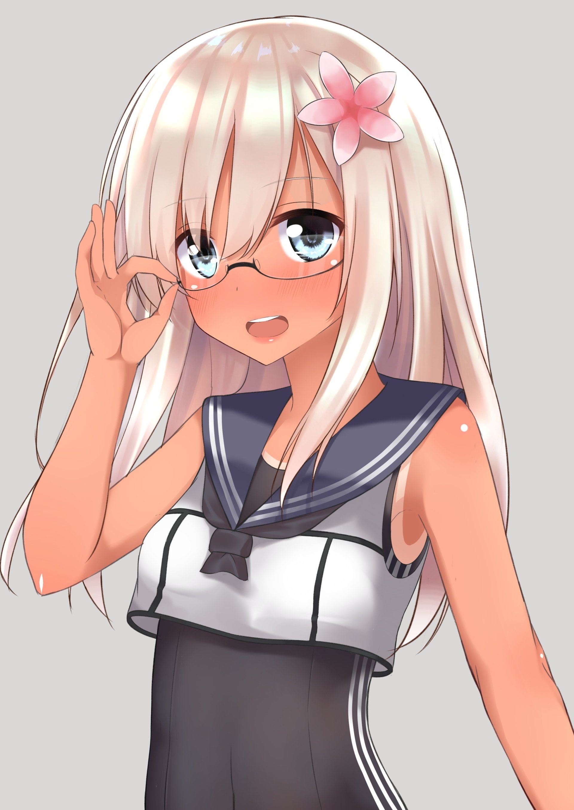 Anime-style character Ro-500 from Kantai Collection with long white hair, glasses, a pink flower in her hair, and wearing a sailor-style outfit.