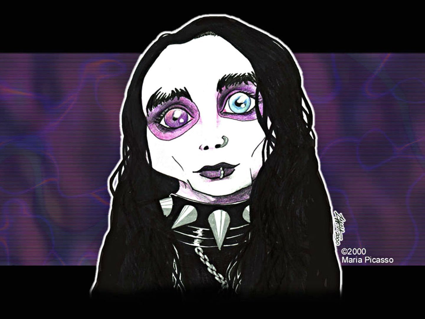 Gothic cartoon portrait of a pale, wide‑eyed musician with black eye makeup, long black hair and spiked collar, Cradle Of Filth–style against a purple, wavy background.