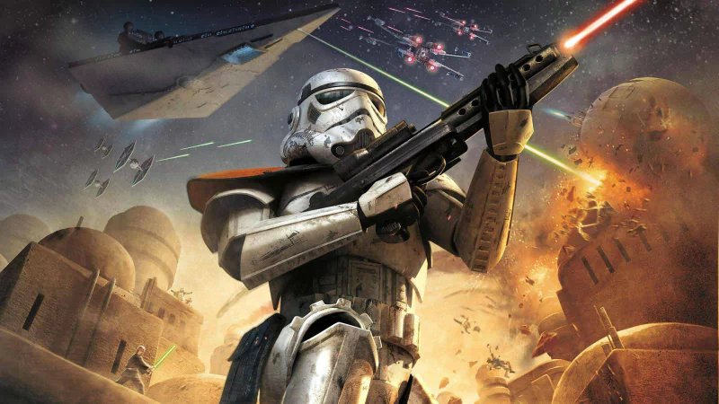 A stormtrooper stands ready with a weapon amid an intense battle scene featuring starships from the video game Star Wars Battlefront: Elite Squadron.