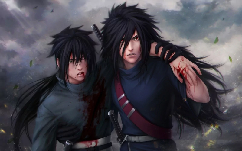 Madara Uchiha and Sasuke Uchiha stand together in dramatic fashion, showcasing their iconic hairstyles and strong presence in this striking Naruto anime scene.