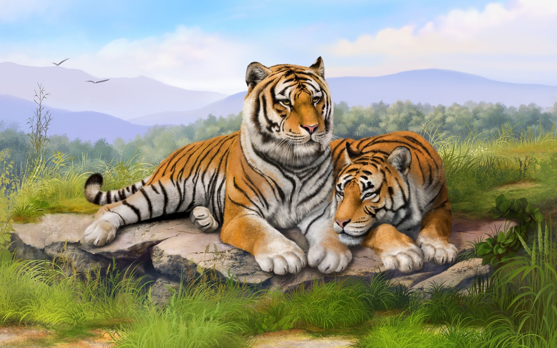 Two tigers, striped animals, resting on a sunlit rock in a grassy meadow with rolling hills and distant mountains.