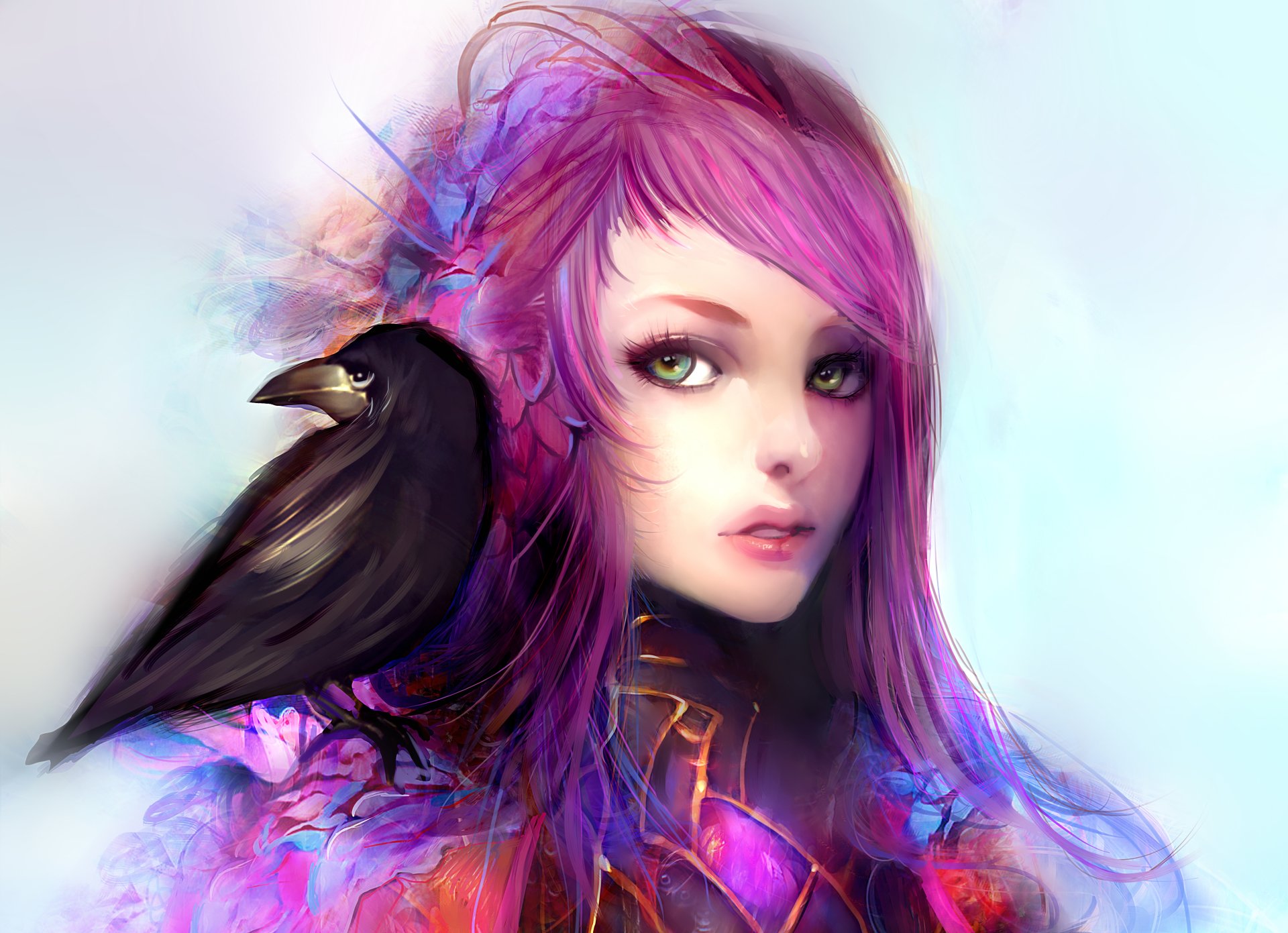 Download Raven Fantasy Purple Hair Green Eyes Woman Art