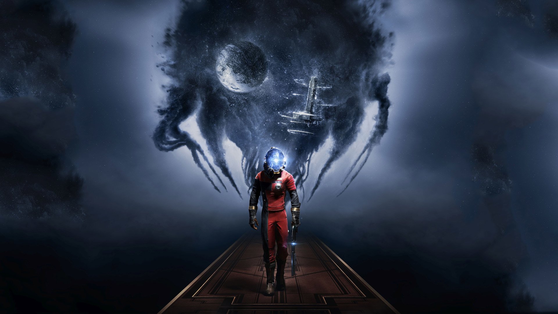 A character in a red suit walks on a platform with a dark, looming alien figure and a space station in the background, from the video game Prey.