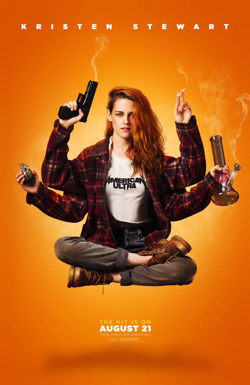 Kristen Stewart is featured in a promotional image for the movie American Ultra, sitting cross-legged with multiple arms holding a gun, grenade, cigarette, and bong against an orange background.