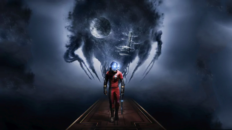 A character in a red suit walks on a platform with a dark, looming alien figure and a space station in the background, from the video game Prey.