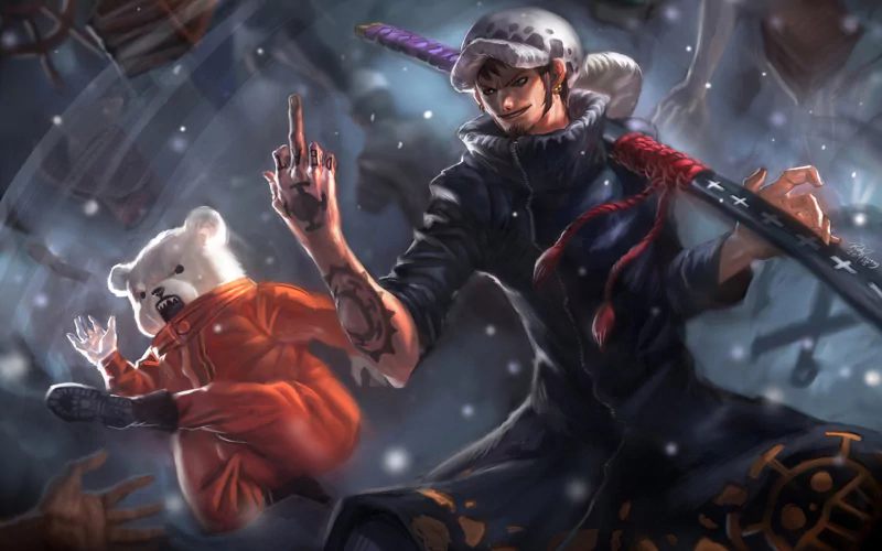 Trafalgar Law and Bepo from One Piece are featured in this dynamic anime scene, showcasing their unique styles and characters in an action-packed moment.