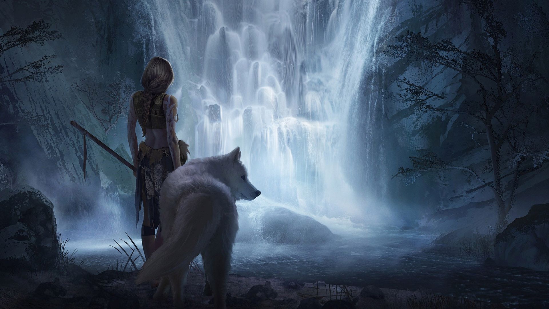 Fantasy Girl with White Wolf