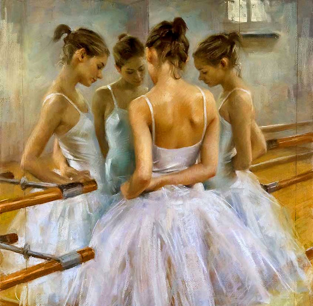 Three women in white tutus gathered at a barre, one facing a mirror, soft pastel lighting evoking a quiet ballet rehearsal.