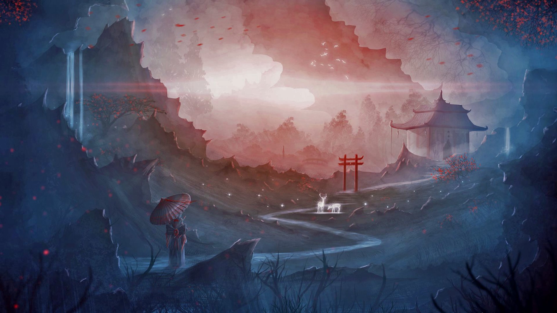 Misty fantasy landscape: a surreal valley with pagoda and torii gate, a lone traveler on a winding path, and glowing lights beneath a pink-blue sky.