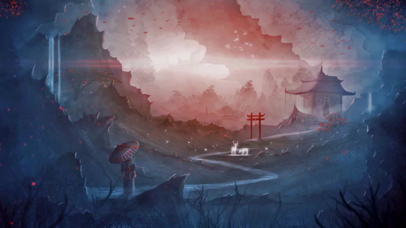 Misty fantasy landscape: a surreal valley with pagoda and torii gate, a lone traveler on a winding path, and glowing lights beneath a pink-blue sky.
