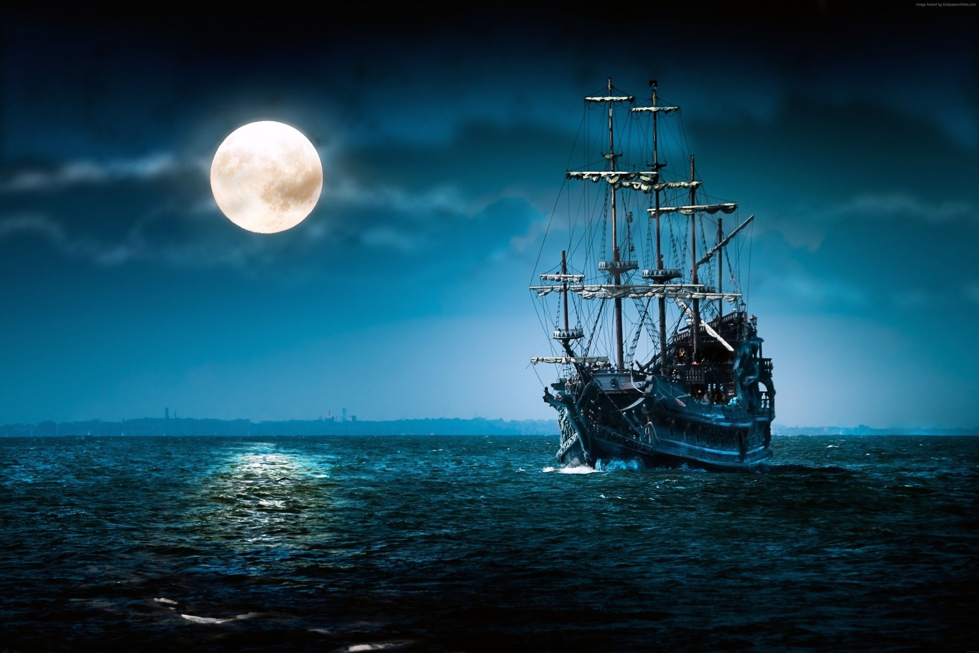 Download Blue Ocean Moon Sailboat Fantasy Ship Art