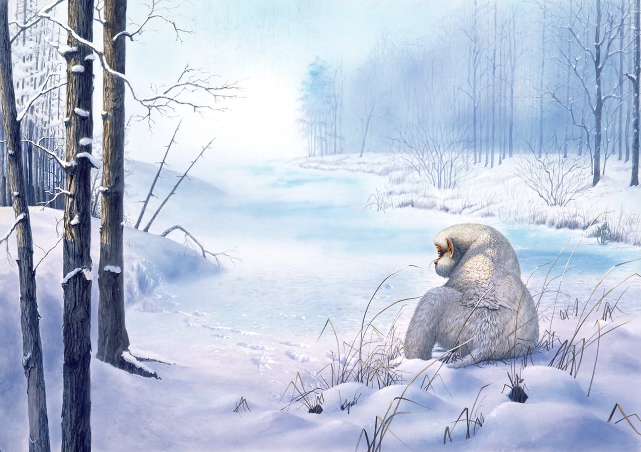 A fantasy creature resembling a seal sits quietly in a snowy, serene forest landscape under a pale, wintry sky.