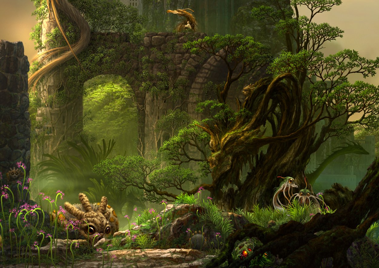 A fantasy scene featuring a dragon blending into an ancient, overgrown stone ruin surrounded by lush greenery and mystical plants.