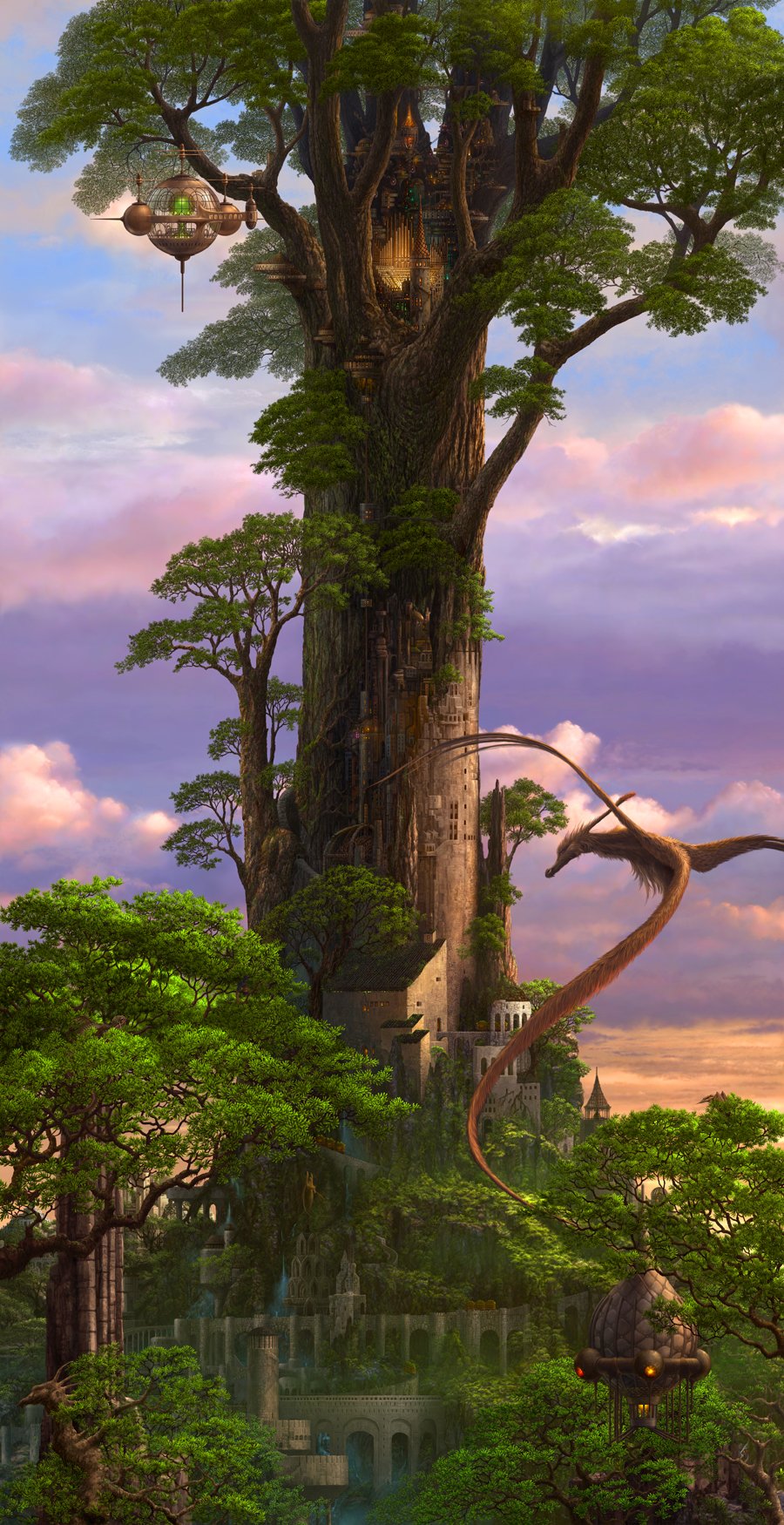 Fantasy view of a towering tree-city with carved dwellings and hovering pods, a sinuous dragon coiling around the trunk beneath a pastel sunset sky.