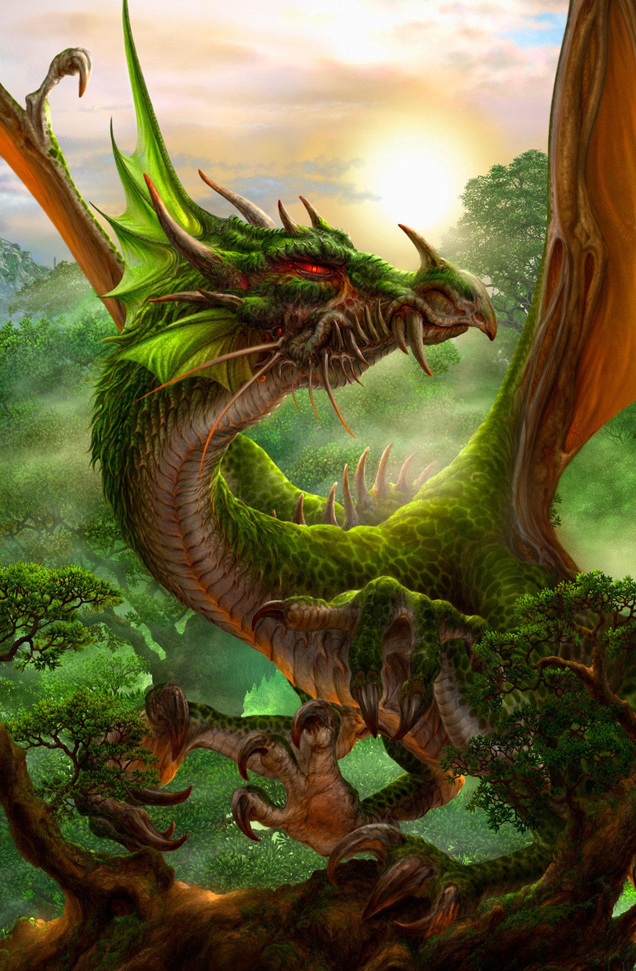 A majestic green fantasy dragon with sharp horns and glowing red eyes perches among lush trees, bathed in the warm light of a setting sun.