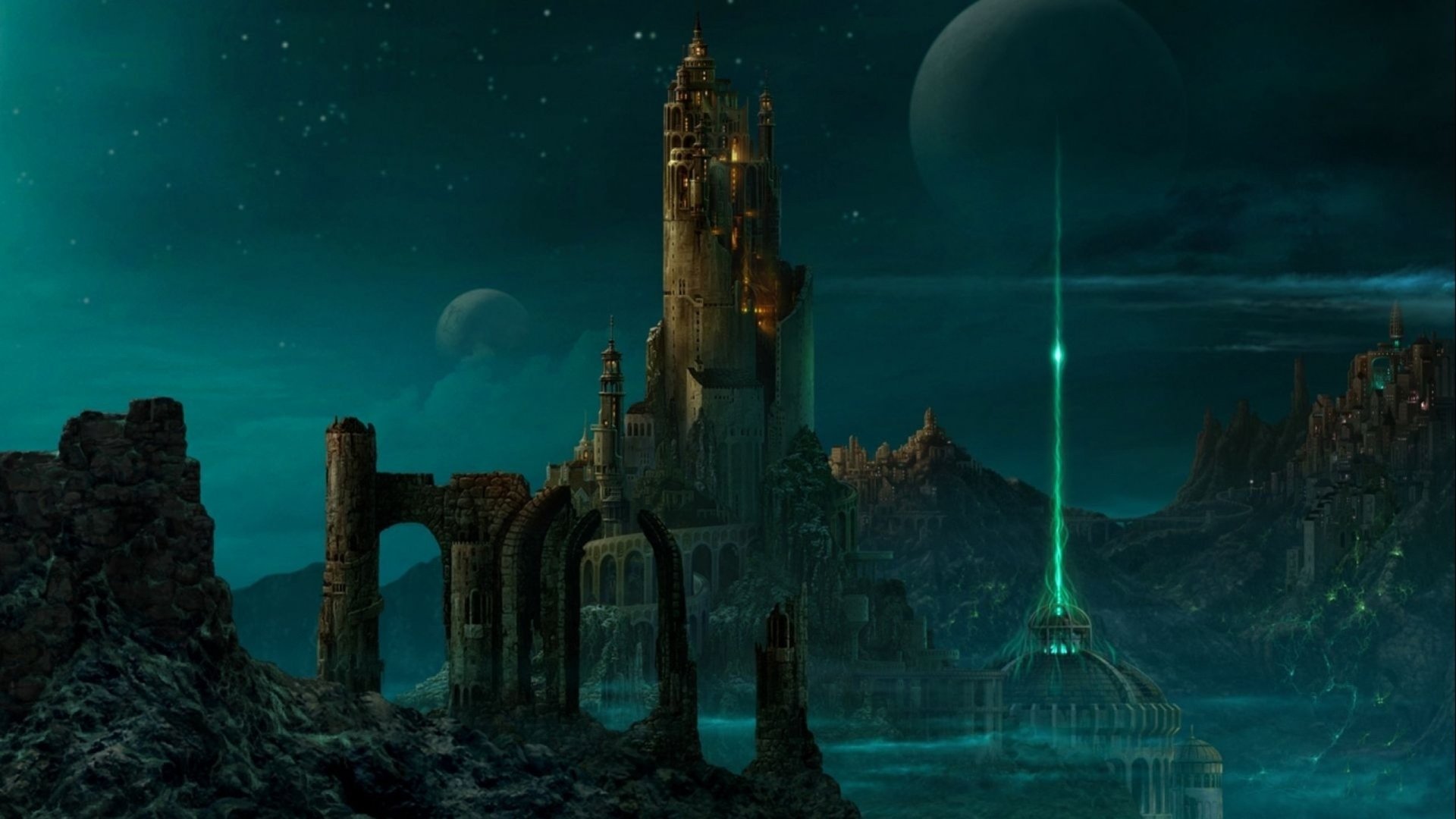 A mystical landscape featuring a towering castle under a starry sky, with vibrant green light and distant planets, evoking a rich fantasy realm full of intrigue and wonder.