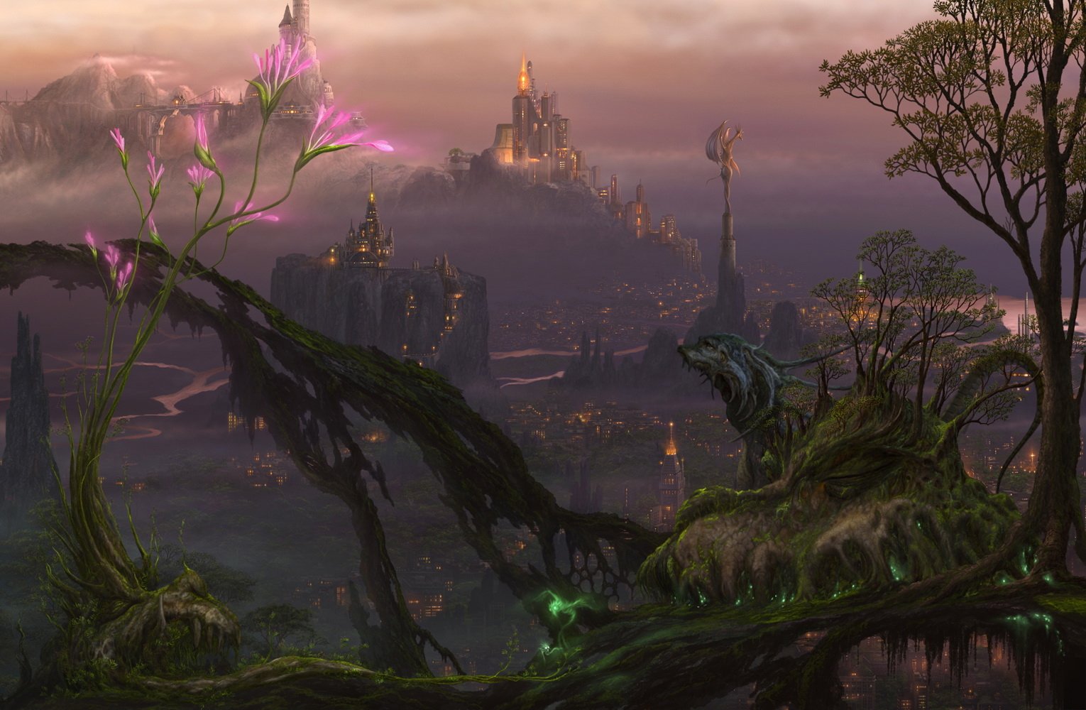 Mossy, otherworldly fantasy landscape with a glowing purple flower in the foreground, twisted vines and a distant castle under twilight.