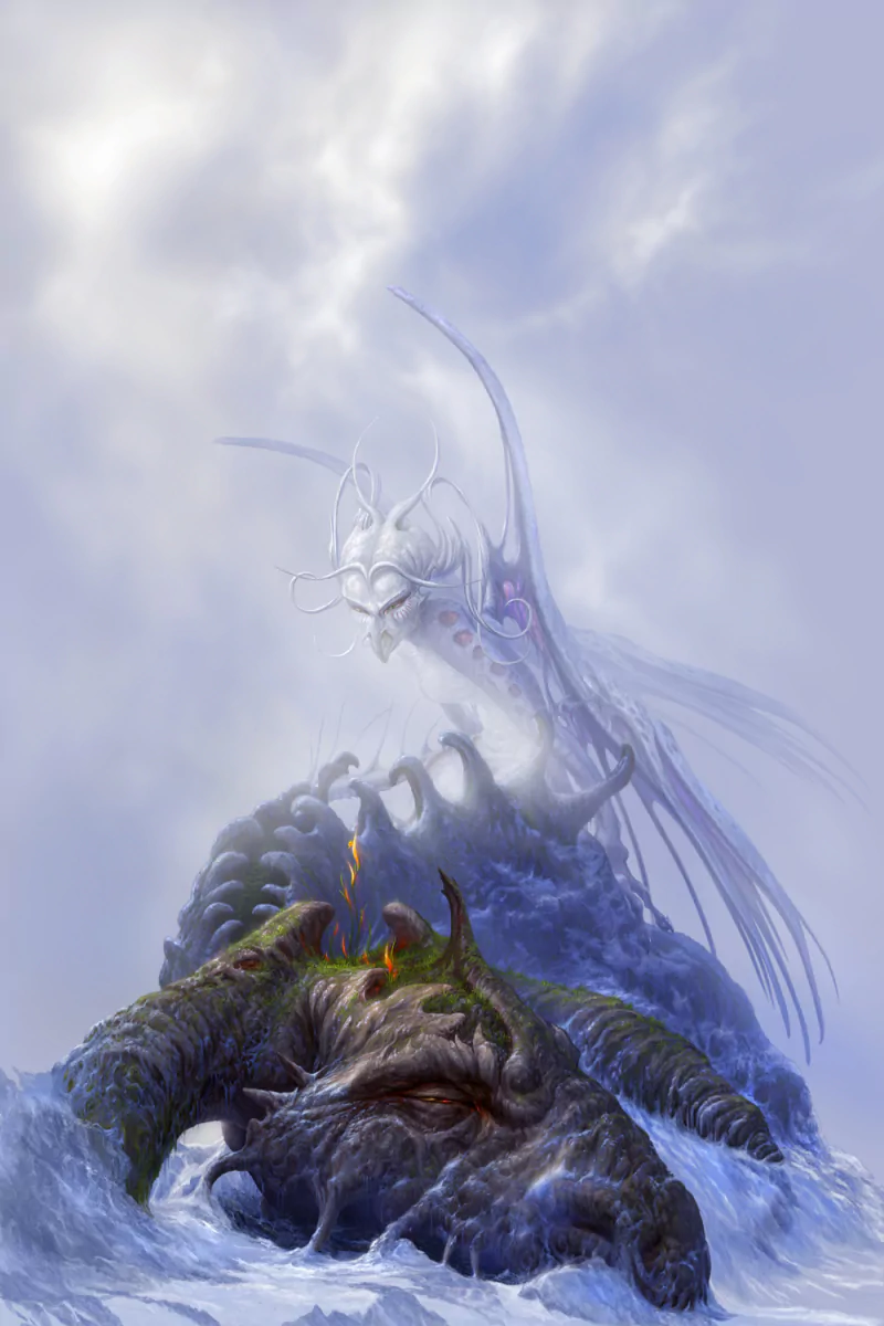Fantasy scene of a pale, ethereal dragon looming over a colossal horned beast half-submerged in icy waves and mist.