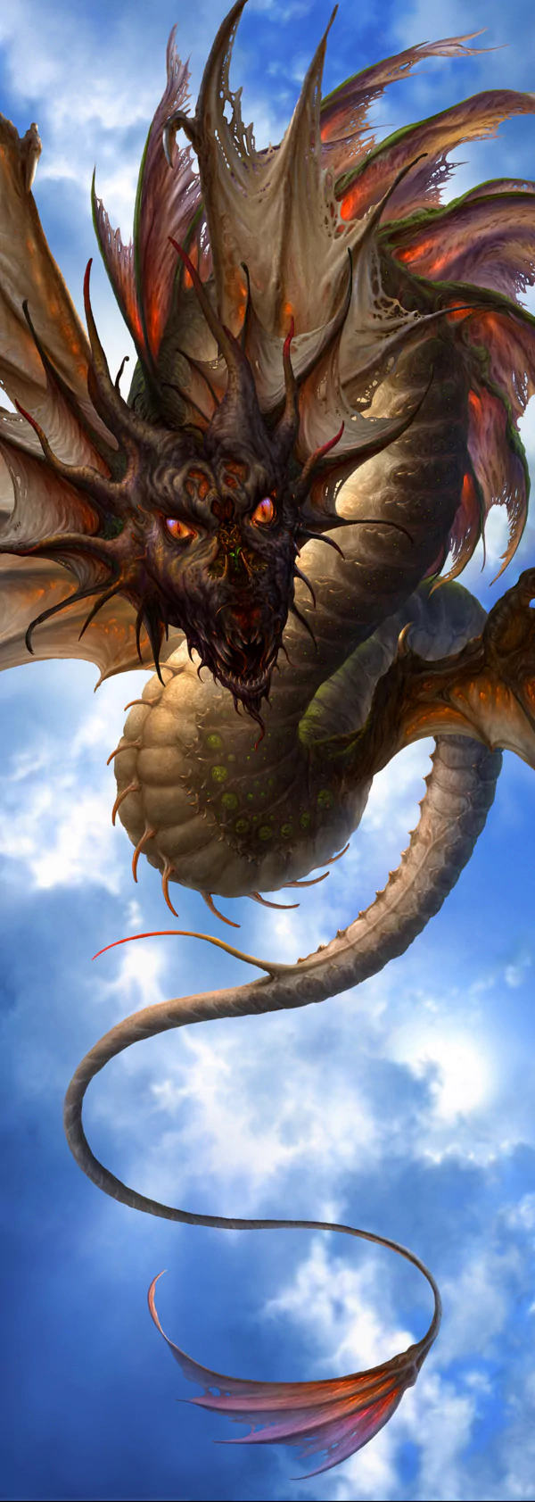 A fantasy dragon with a spiny, frilled head, glowing orange eyes and a long serpentine body coiling through a bright, cloud-filled sky.