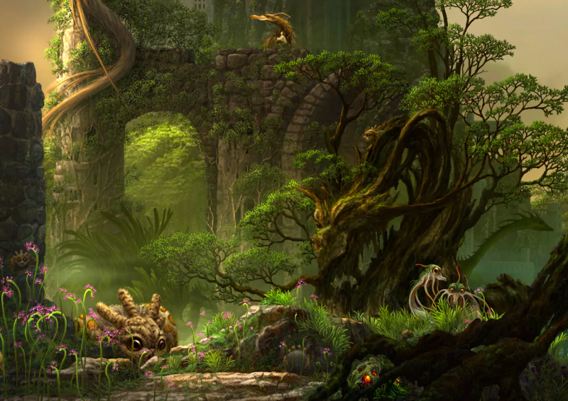 A fantasy scene featuring a dragon blending into an ancient, overgrown stone ruin surrounded by lush greenery and mystical plants.